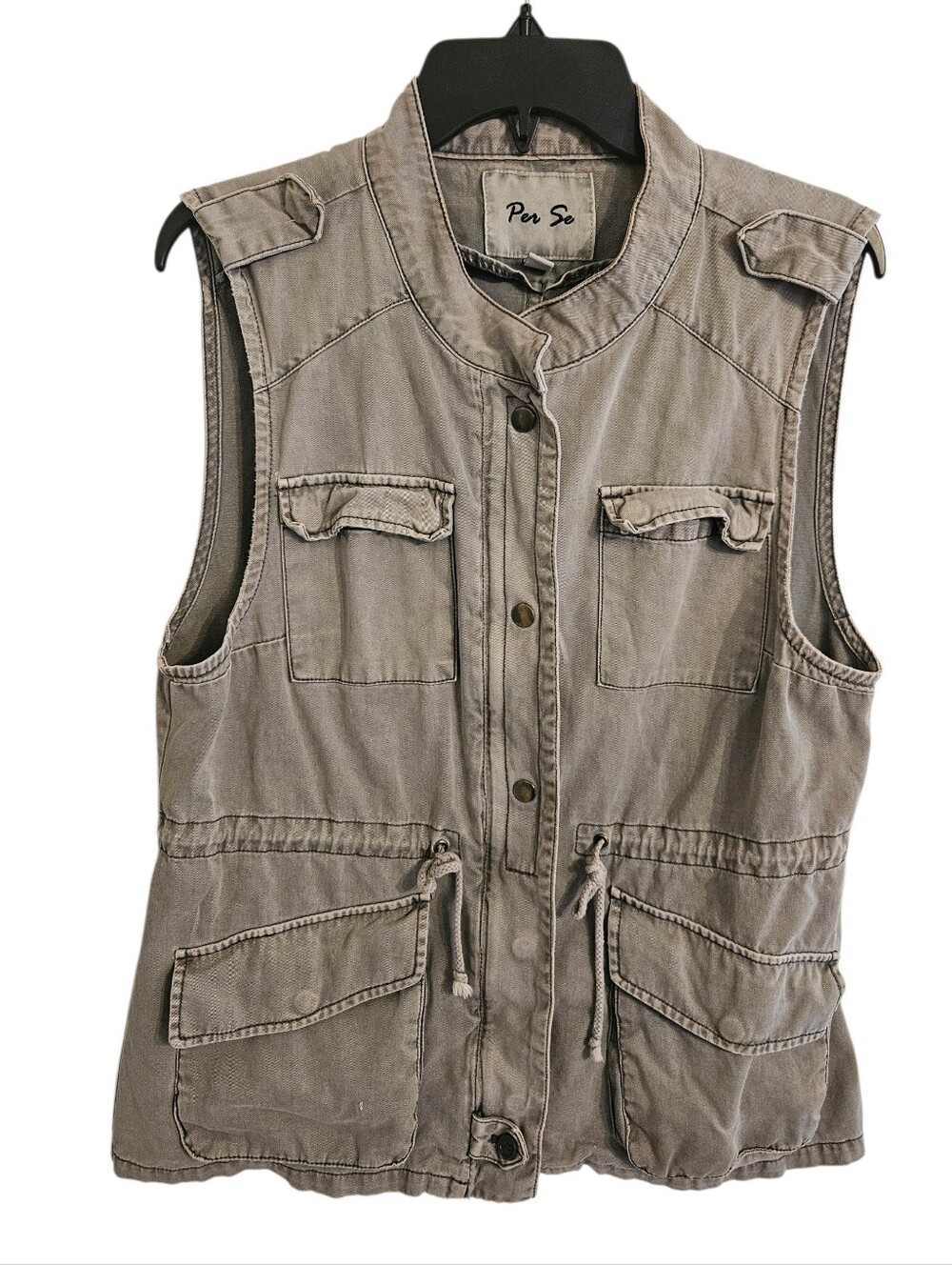 Per Se Womens Cargo Vest Sleeveless Jacket Utility Safari Full Zip Twill Sz L